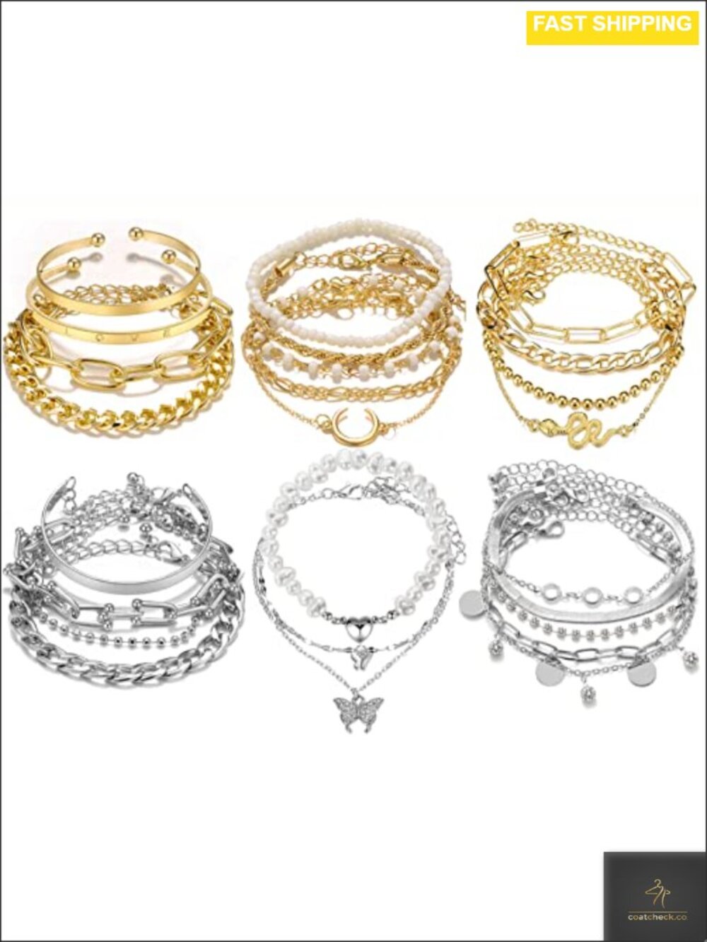 Boho Stackable Link Charm Bracelet Set Silver Gold Plated Alloy Jewelry Gift